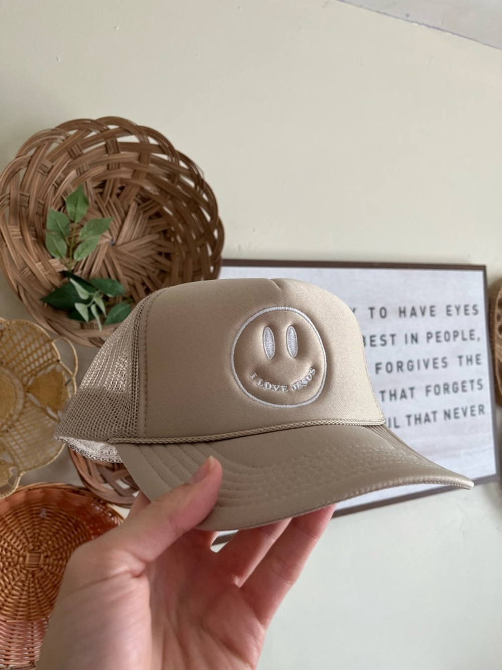 Beige Smiley Trucker Hat with “I Love Jesus” Logo